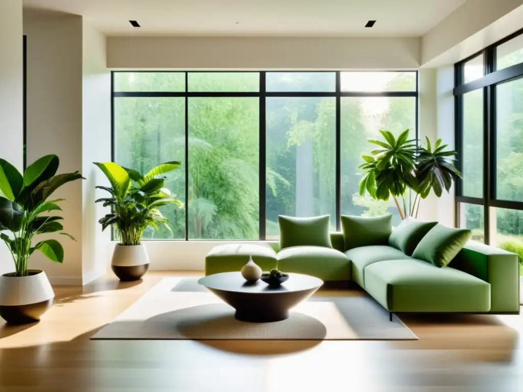 Espacioso salón contemporáneo con plantas de interior purificadoras de aire en elegantes macetas, iluminado por la luz del sol