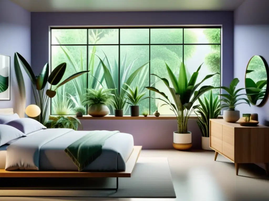 Espacioso dormitorio con plantas de interior para insomnio, luz natural filtrándose por la ventana, creando una atmósfera tranquila y relajante