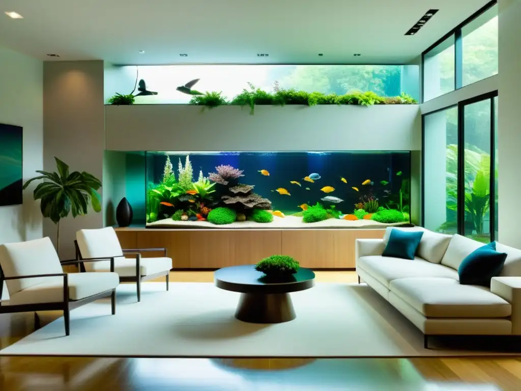 Espacioso salón minimalista con ecosistema interior de plantas y acuarios, inundado de luz natural y tranquilidad