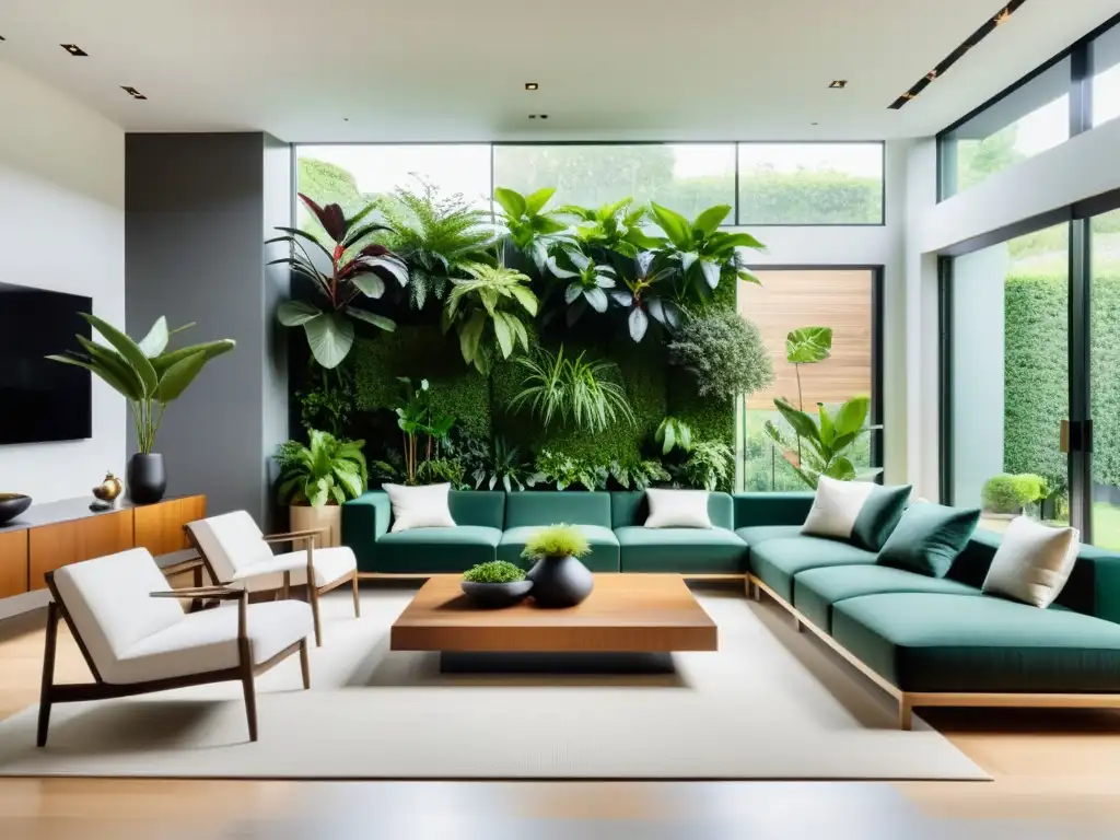 Espacioso salón minimalista con jardinería vertical modular para interiores, inundado de luz natural y elegancia tranquila