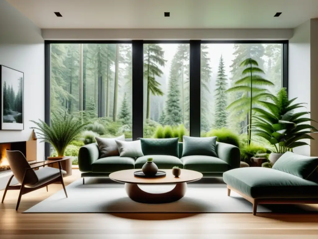 Espacioso salón minimalista con muebles escandinavos, ventana panorámica con vista a un bosque nevado