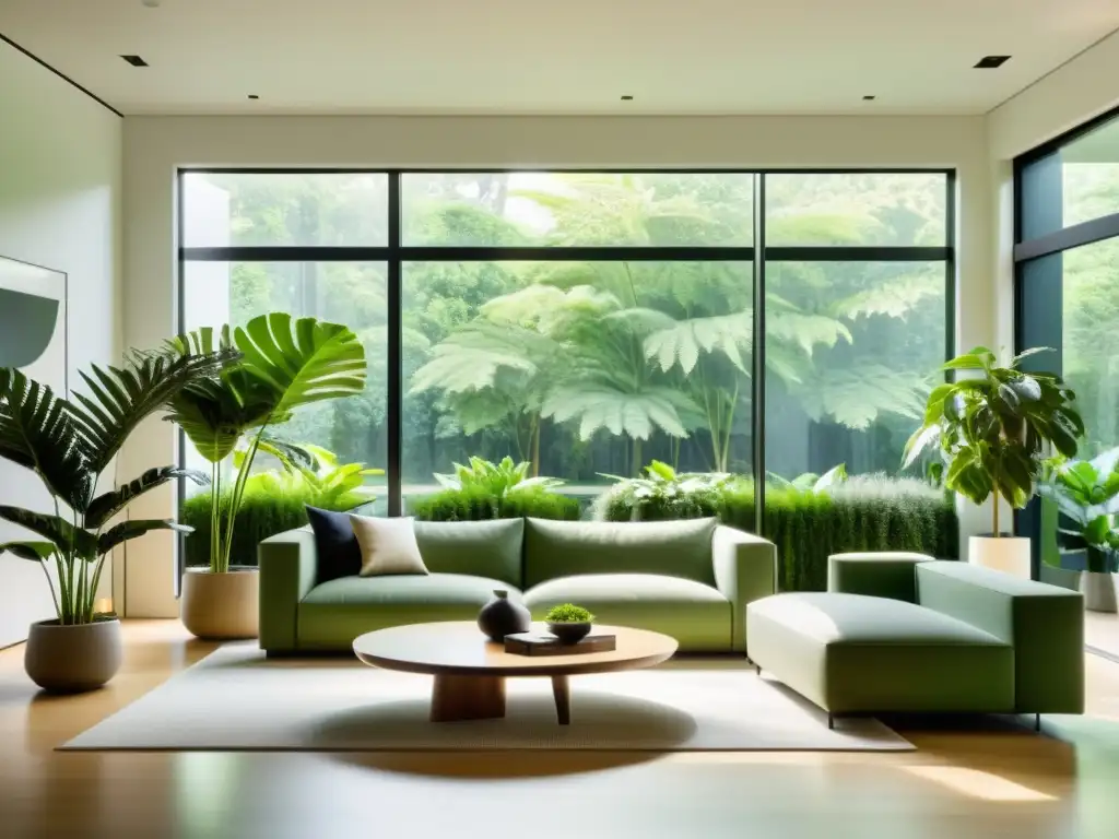 Espacioso salón minimalista con plantas de interior y ventilación natural, creando un oasis sereno