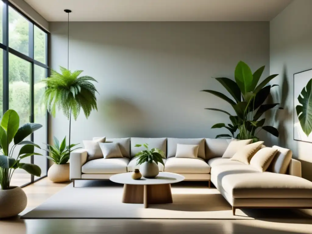 Espacioso salón minimalista con plantas de interior que absorben sonidos, creando un ambiente sereno y acogedor