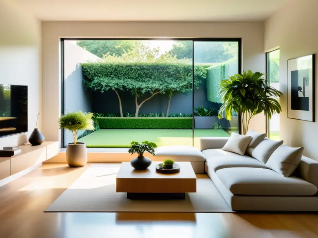 Espacioso salón minimalista con plantas de interior, luz natural y vistas al jardín exuberante