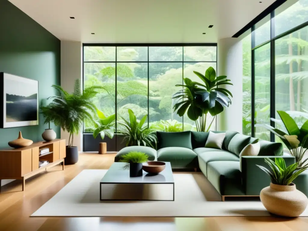 Espacioso salón minimalista con plantas de interior, iluminado por luz natural, transmite armonía y beneficios plantas de interior