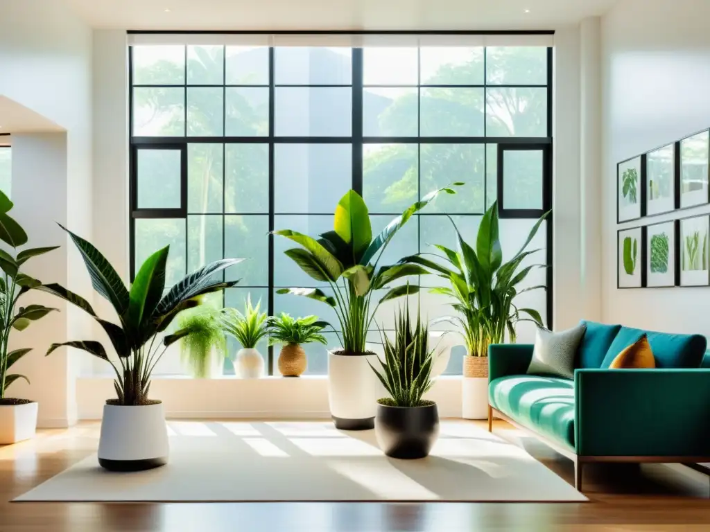 Espacioso salón minimalista con plantas de interior para mejorar estado de ánimo