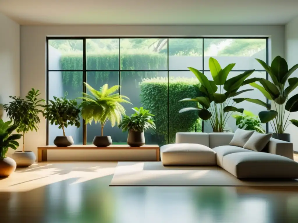 Espacioso salón minimalista con plantas interiores, luz suave y beneficios para la salud mental