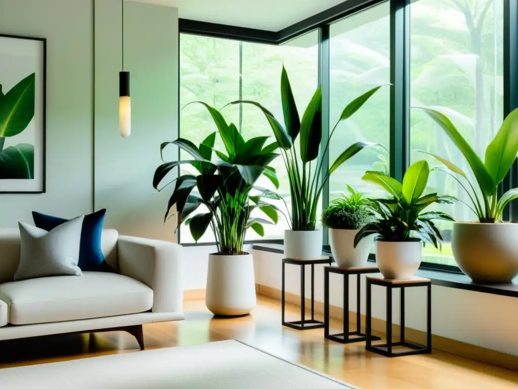 Espacioso salón minimalista con plantas purificadoras aire alergias, luz natural y atmósfera serena