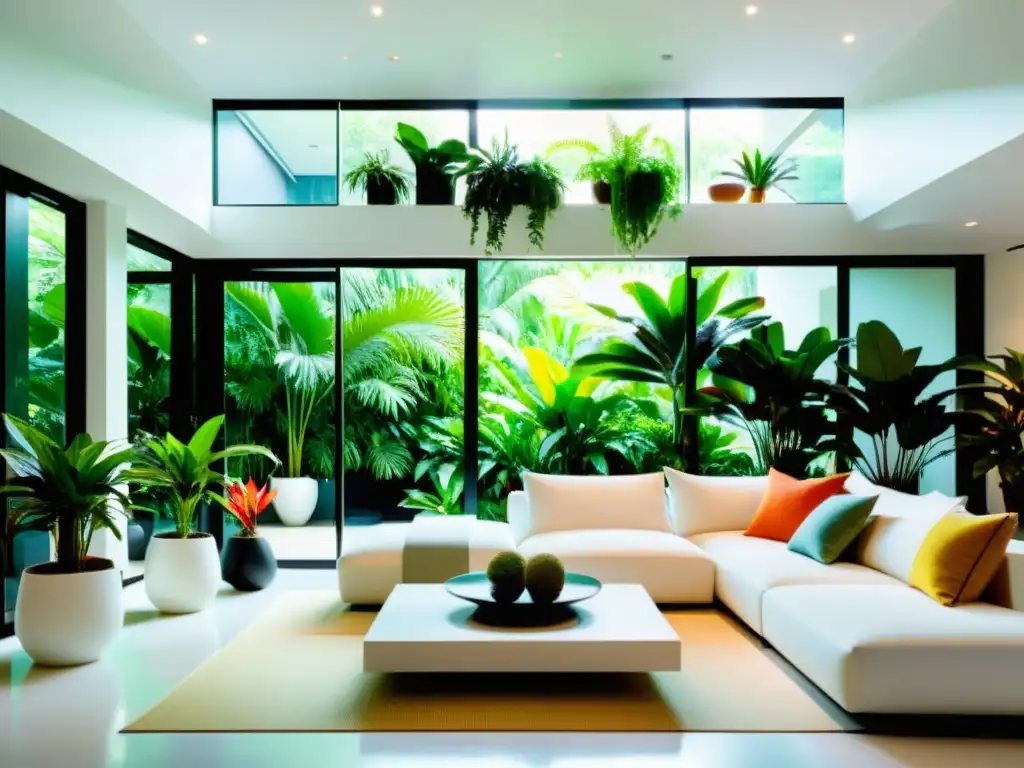 Espacioso salón minimalista con plantas tropicales purificadoras de aire en elegantes macetas blancas, creando un oasis verde vibrante