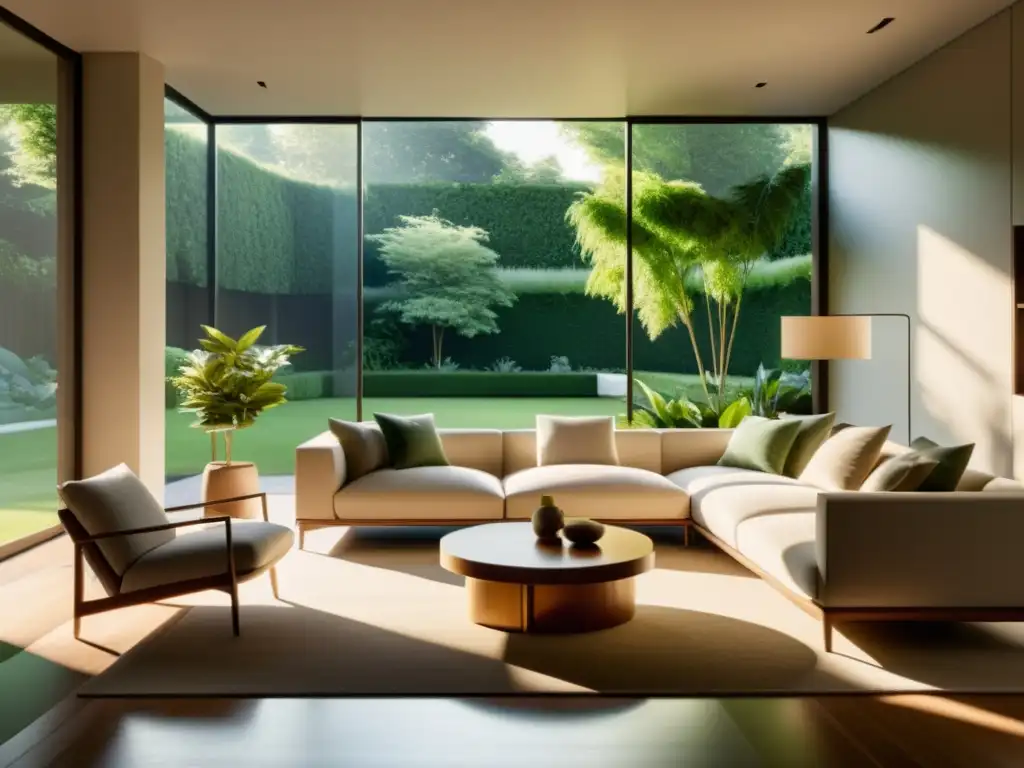 Espacioso salón minimalista con vista a jardín verde, luz natural y muebles tranquilos