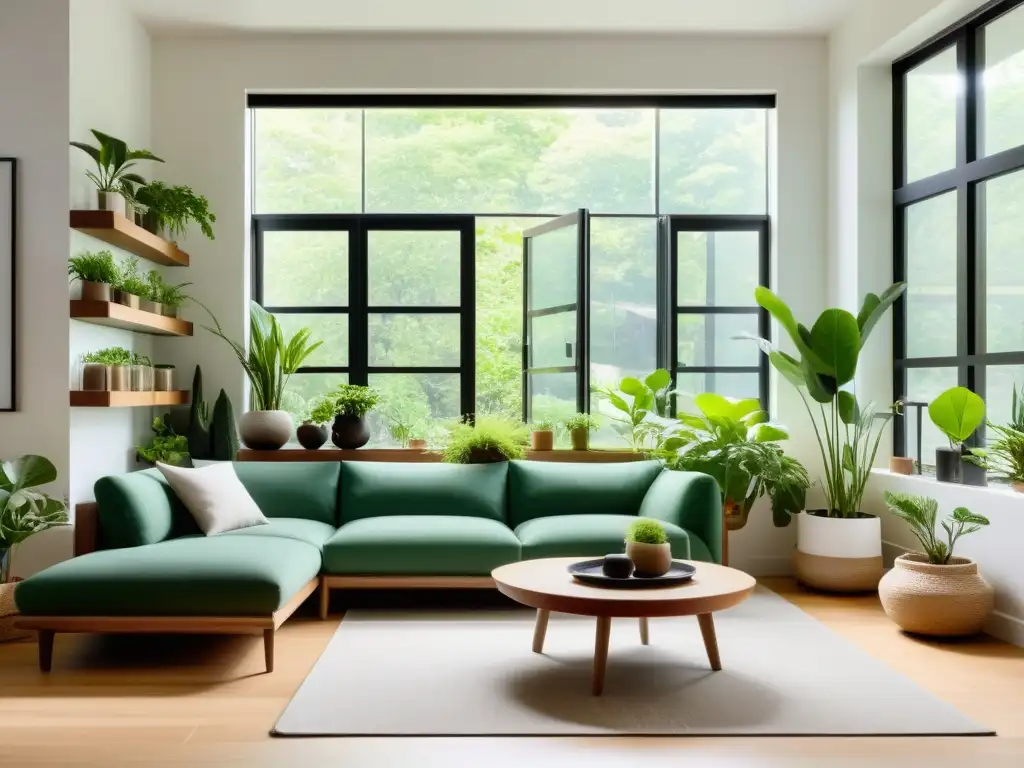 Espacioso salón de apartamento con mini jardín interior, radiante y acogedor, cuidado y lleno de plantas verdes