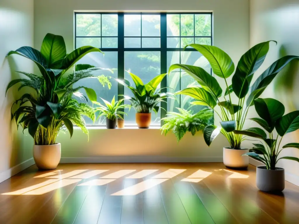 Espacioso salón iluminado con luz solar, repleto de plantas de interior exuberantes