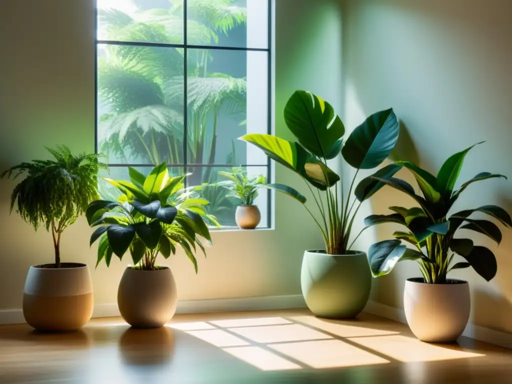 Espacioso salón iluminado por el sol, repleto de relajantes plantas de interior para reducir estrés en macetas modernas