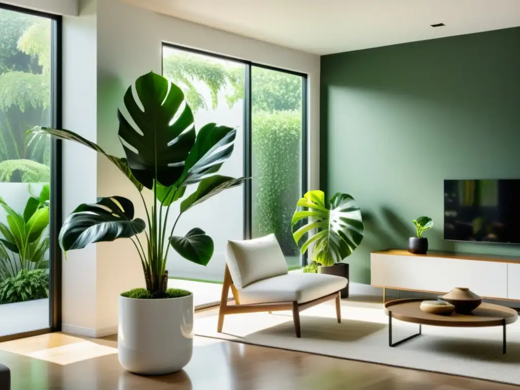 Espacioso salón moderno con cuidado de plantas de interior aire, iluminado por luz natural y decoración minimalista serena