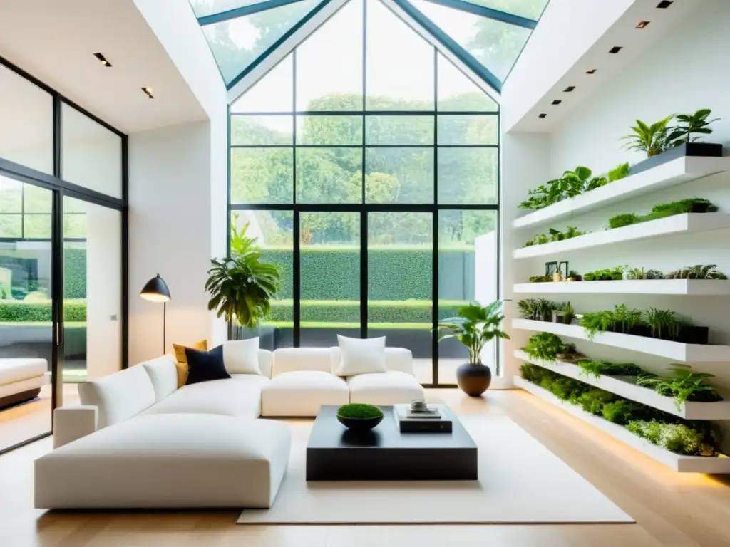 Espacioso salón moderno con jardín interior, lleno de plantas vibrantes, que aportan beneficios plantas de interior