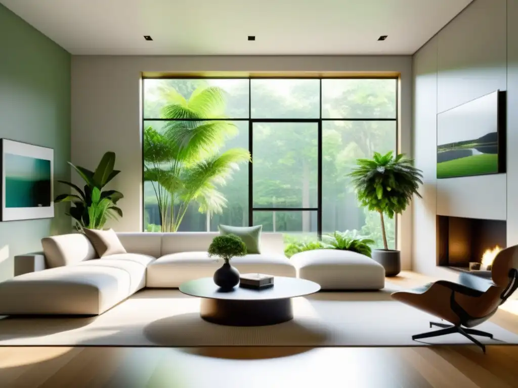 Espacioso salón moderno con mobiliario minimalista y plantas verdes estratégicamente colocadas, conectando con la naturaleza en casa