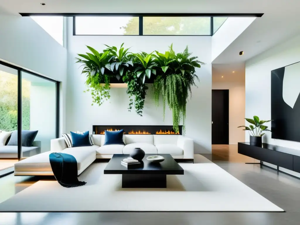 Espacioso salón moderno con pared de plantas aéreas para decoración moderna