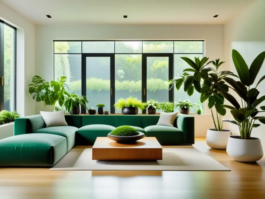 Espacioso salón moderno con plantas de interior para alergias, iluminado por luz natural y con un diseño minimalista y elegante