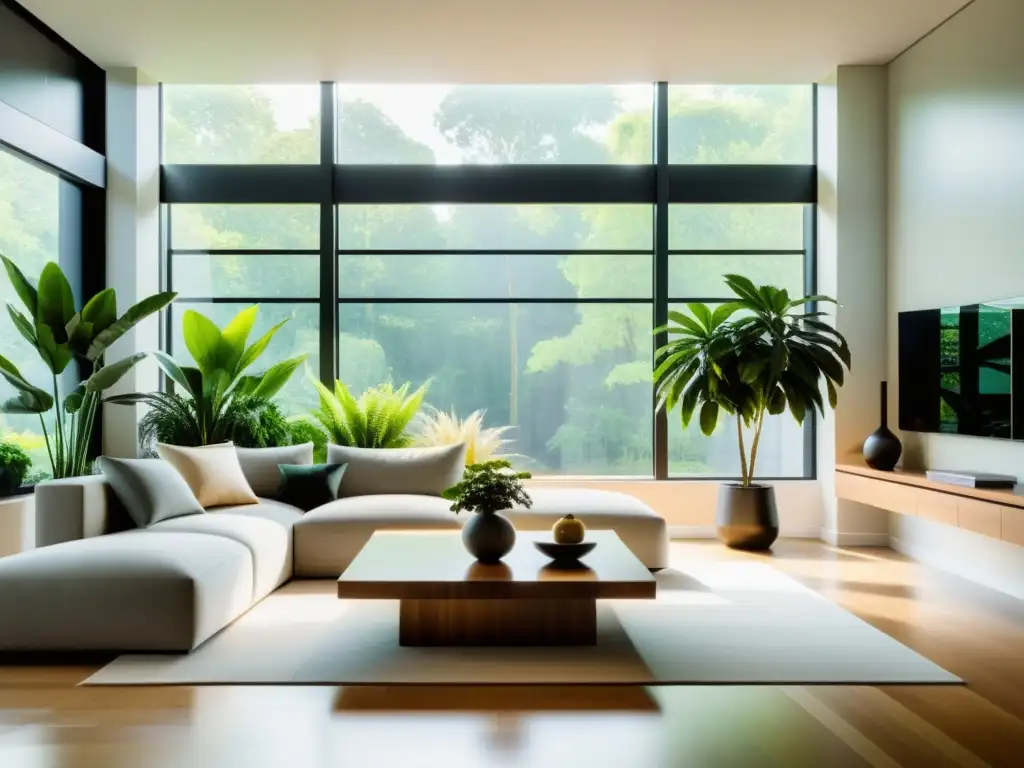 Espacioso salón moderno con plantas de interior purificadoras de aire, iluminado por luz natural