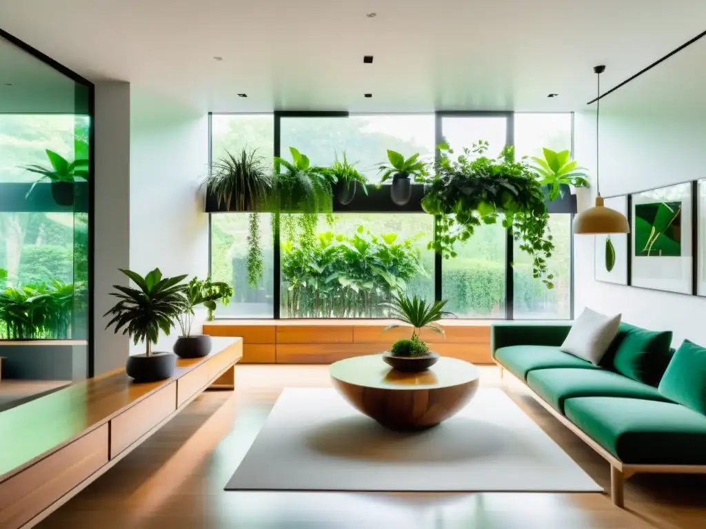 Espacioso salón moderno con plantas purificadoras de aire interior, iluminado por luz natural