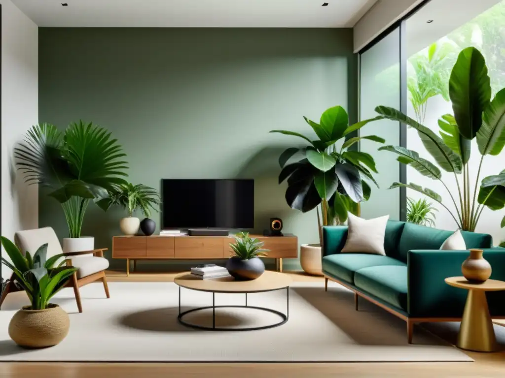 Espacioso salón moderno con plantas de interior que absorben sonidos, decorado en tonos neutros y líneas limpias