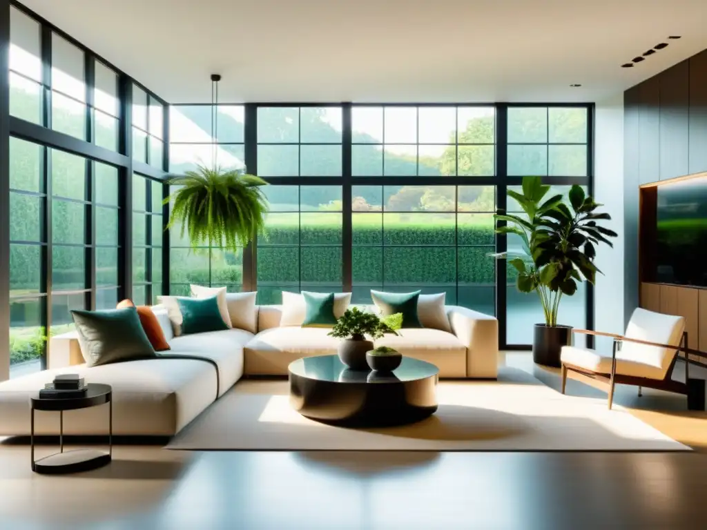 Espacioso salón moderno con plantas de interior vibrantes, creando un ambiente cálido y acogedor