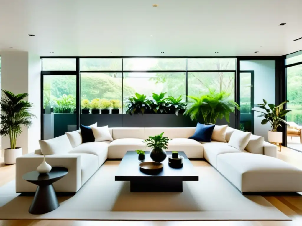 Espacioso salón moderno con plantas de interior que realzan la tranquilidad y elegancia, ofreciendo beneficios plantas de interior