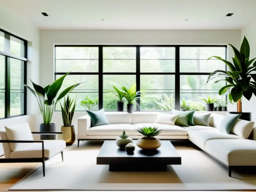 Espacioso salón moderno con plantas de interior de bajo mantenimiento, diseño minimalista y luz natural abundante