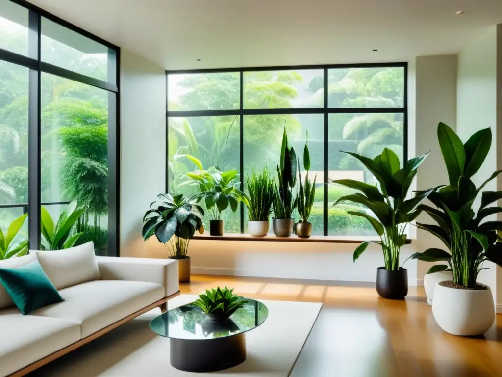 Espacioso salón moderno con plantas de interior exuberantes y luz natural