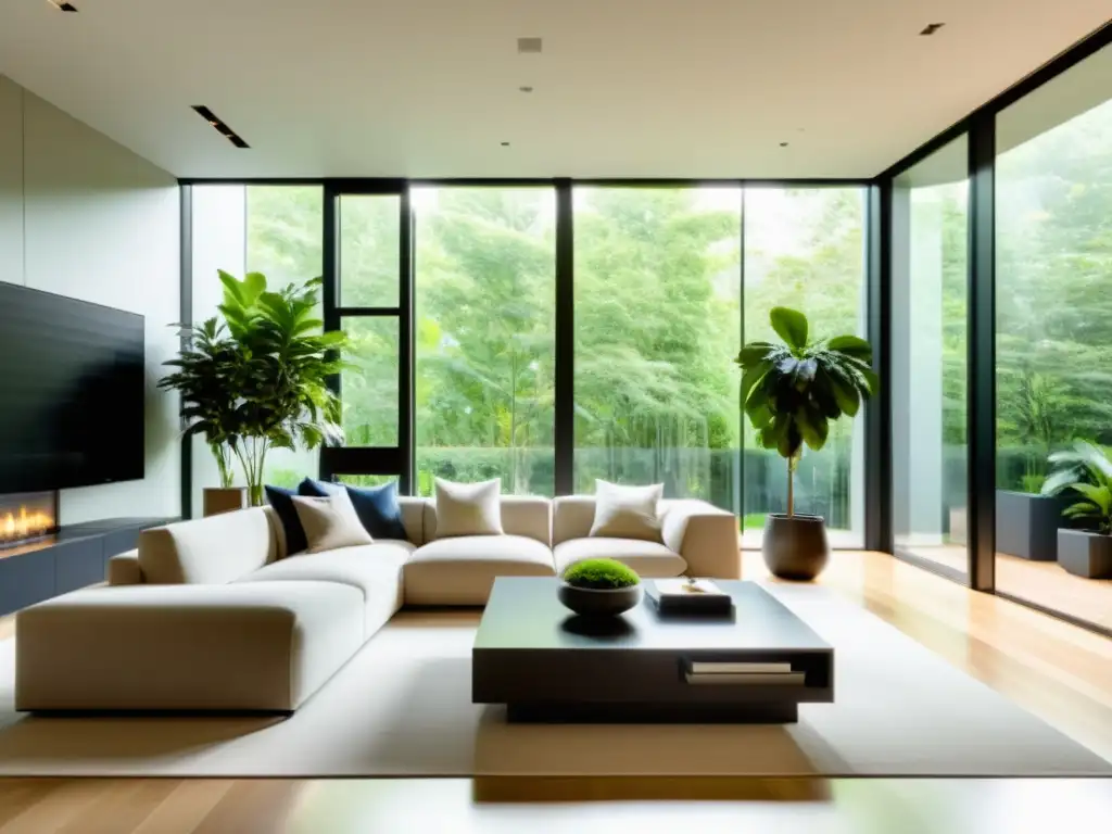 Espacioso salón moderno con plantas de interior de poca luz, iluminado por luz natural, creando un ambiente sereno y acogedor