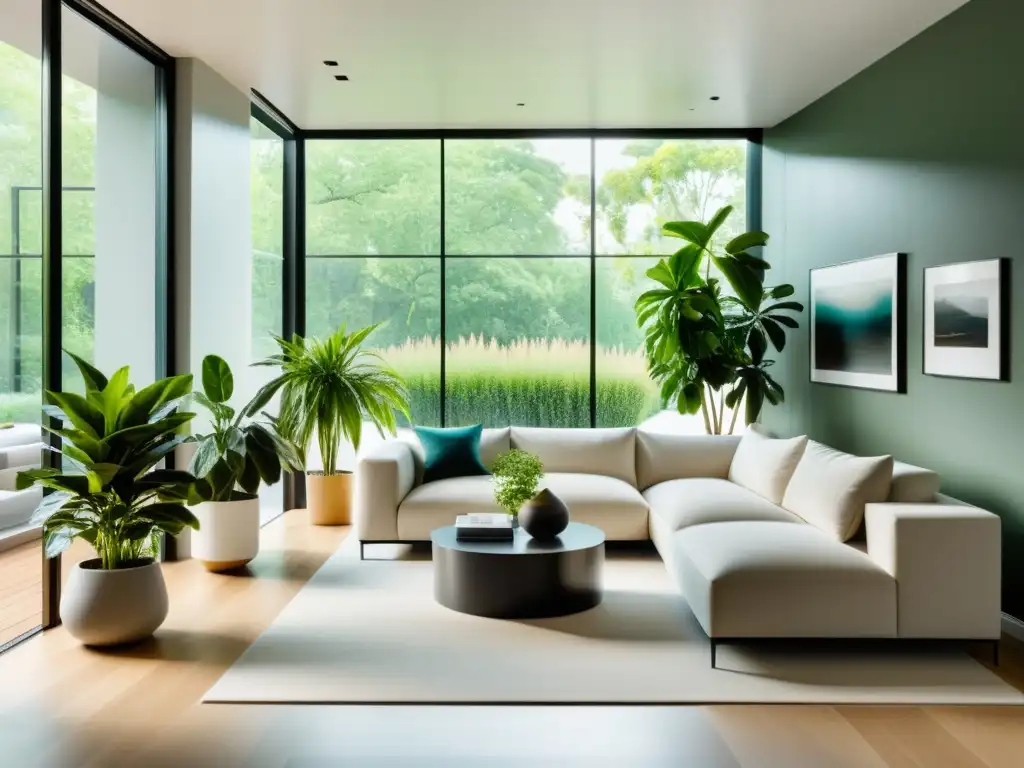 Espacioso salón moderno con plantas de interior no tóxicas, iluminado por luz natural, creando un ambiente sereno y acogedor