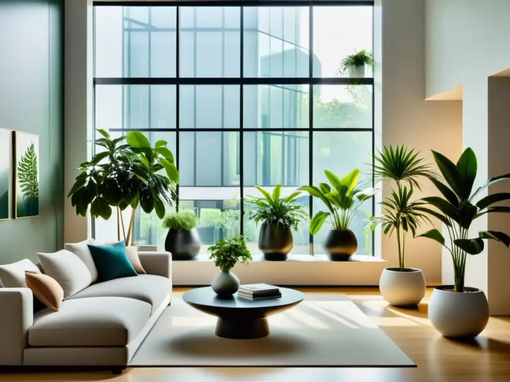 Espacioso salón moderno con plantas de interior purifican aire en elegantes macetas, enmarcadas por ventanas de piso a techo