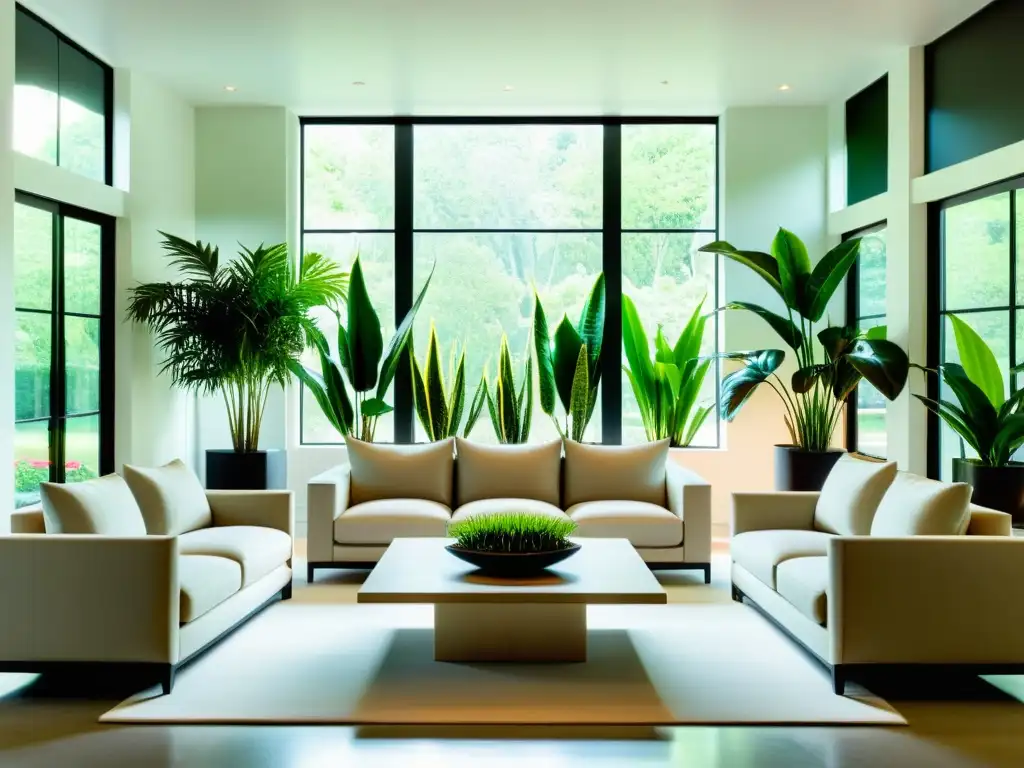 Espacioso salón moderno con plantas de interior para purificar aire, iluminado por luz natural y decoración minimalista