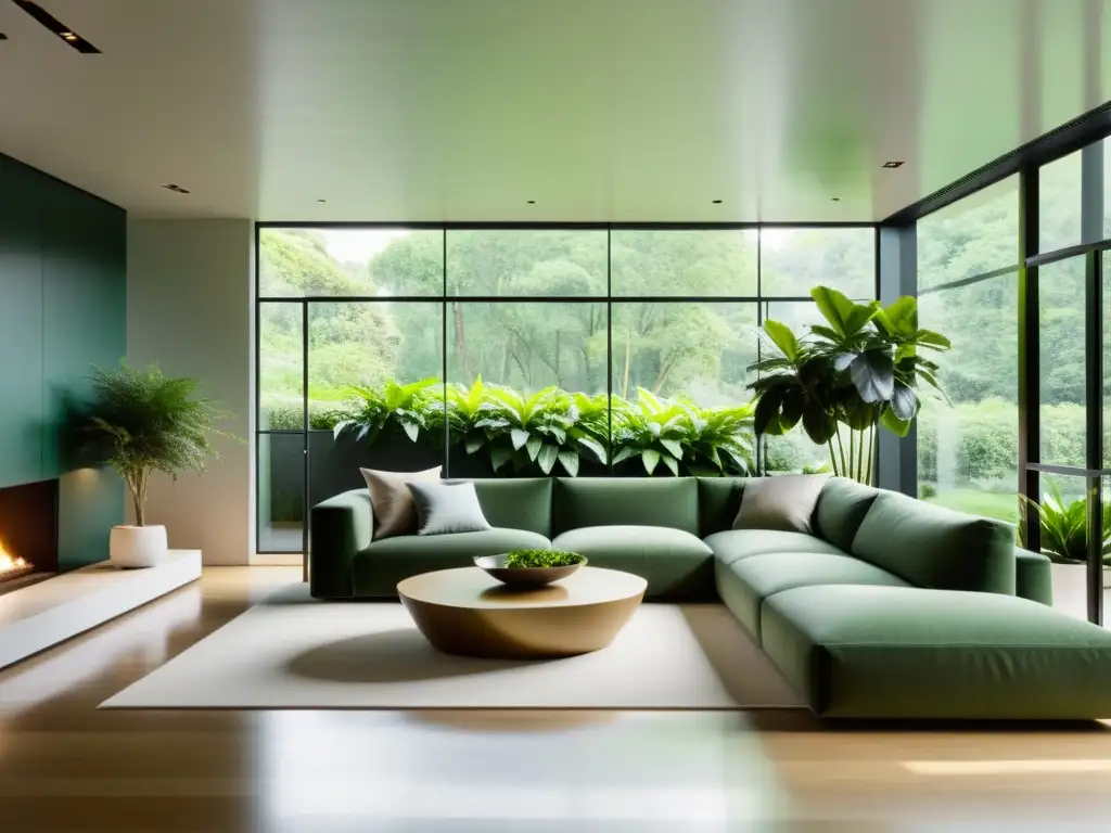 Espacioso salón moderno con plantas de interior para purificar aire, iluminado por luz natural