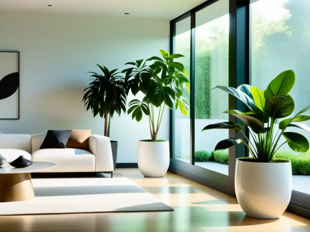 Espacioso salón moderno con plantas de interior para purificar aire en elegantes macetas blancas, iluminado por luz natural