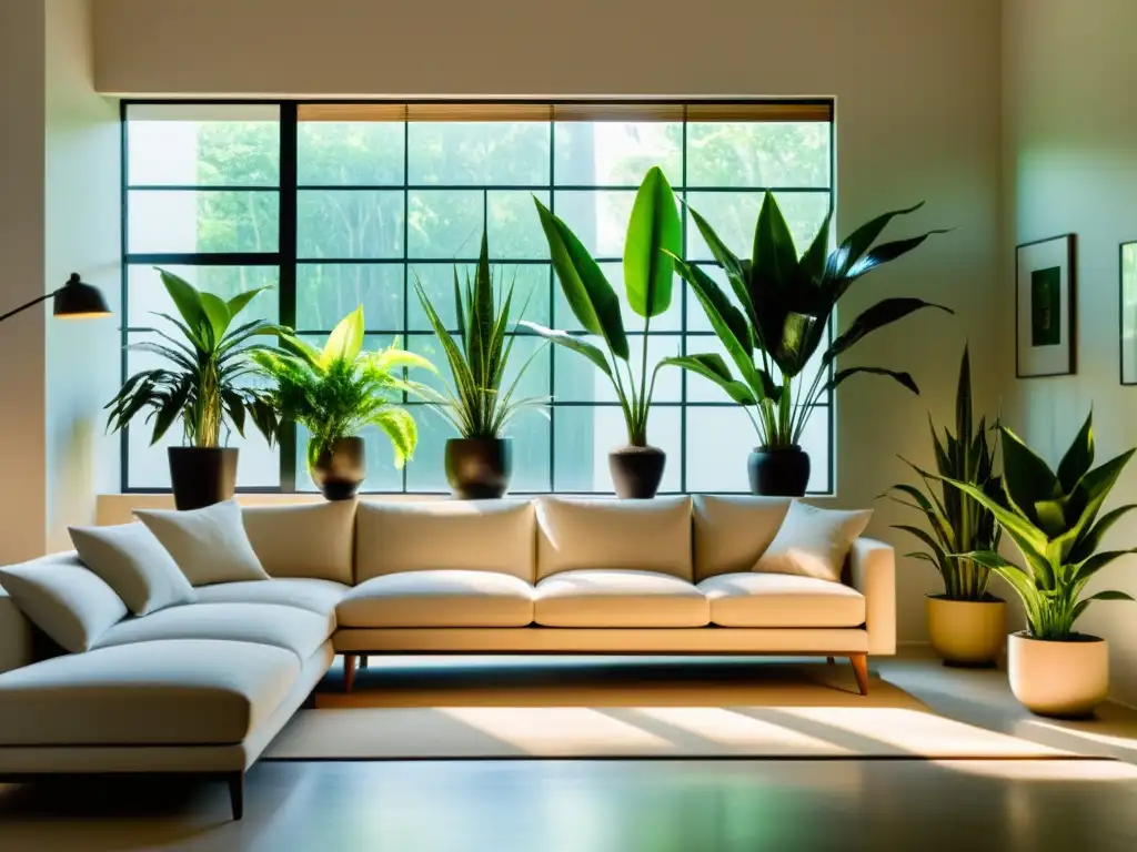 Espacioso salón moderno con plantas de interior purificadoras de aire, iluminado por la luz natural a través de grandes ventanales