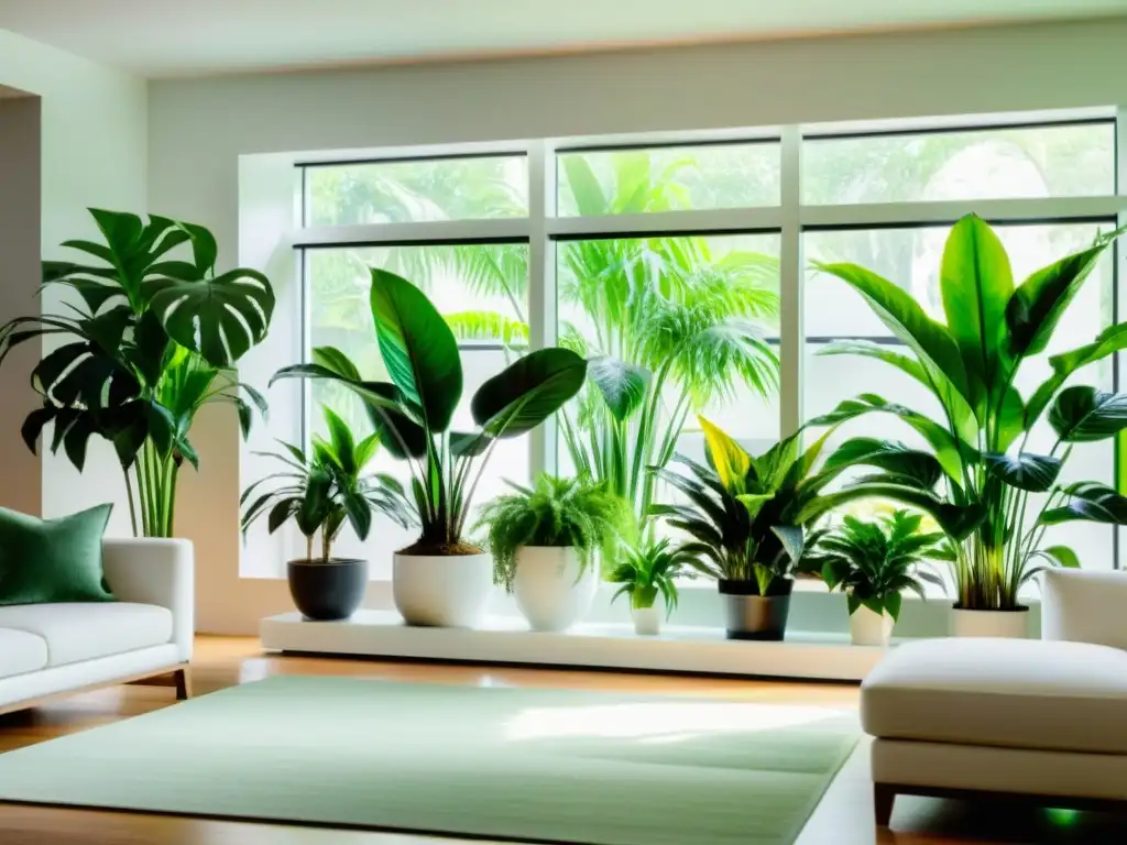 Espacioso salón moderno con plantas de interior purificadoras de aire, iluminado por luz natural