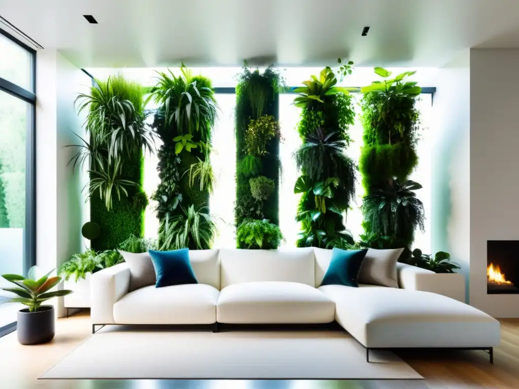 Espacioso salón moderno con jardín vertical interior en estantes colgantes, inundado de luz natural