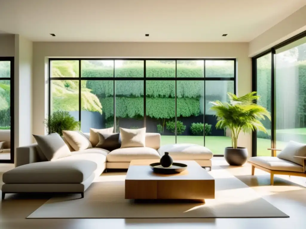 Espacioso salón con plantas de interior que elevan, diseño minimalista y vistas a un jardín exuberante