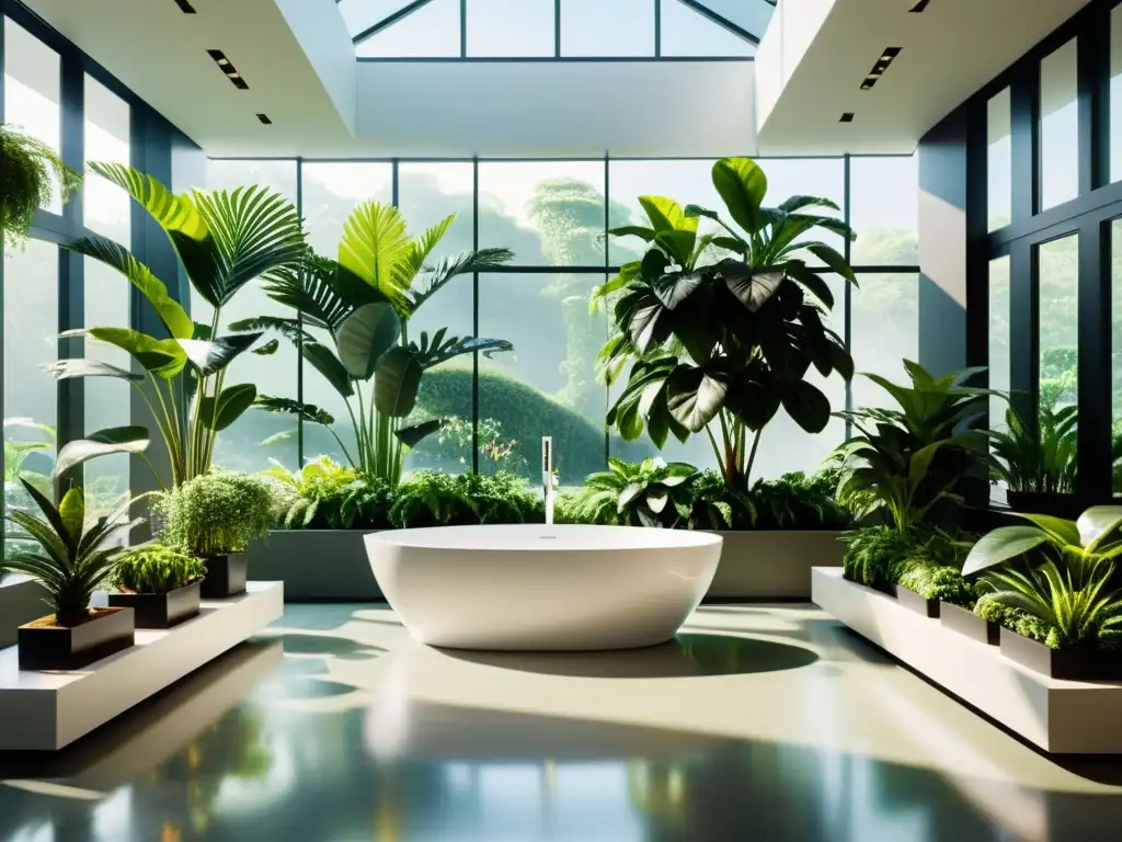 Espectacular jardín interior con abundantes plantas de interior, creando un ambiente purificador y acogedor