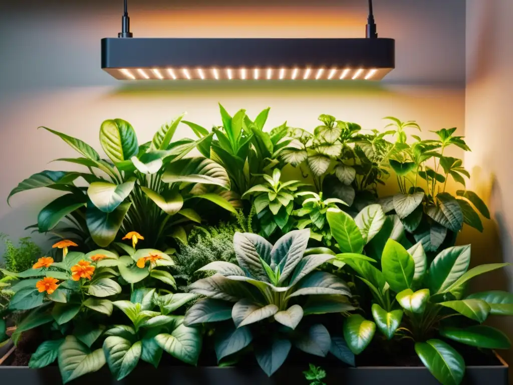 Espectacular jardín interior iluminado por un espectro de luz ideal para plantas, rebosante de vida y belleza natural