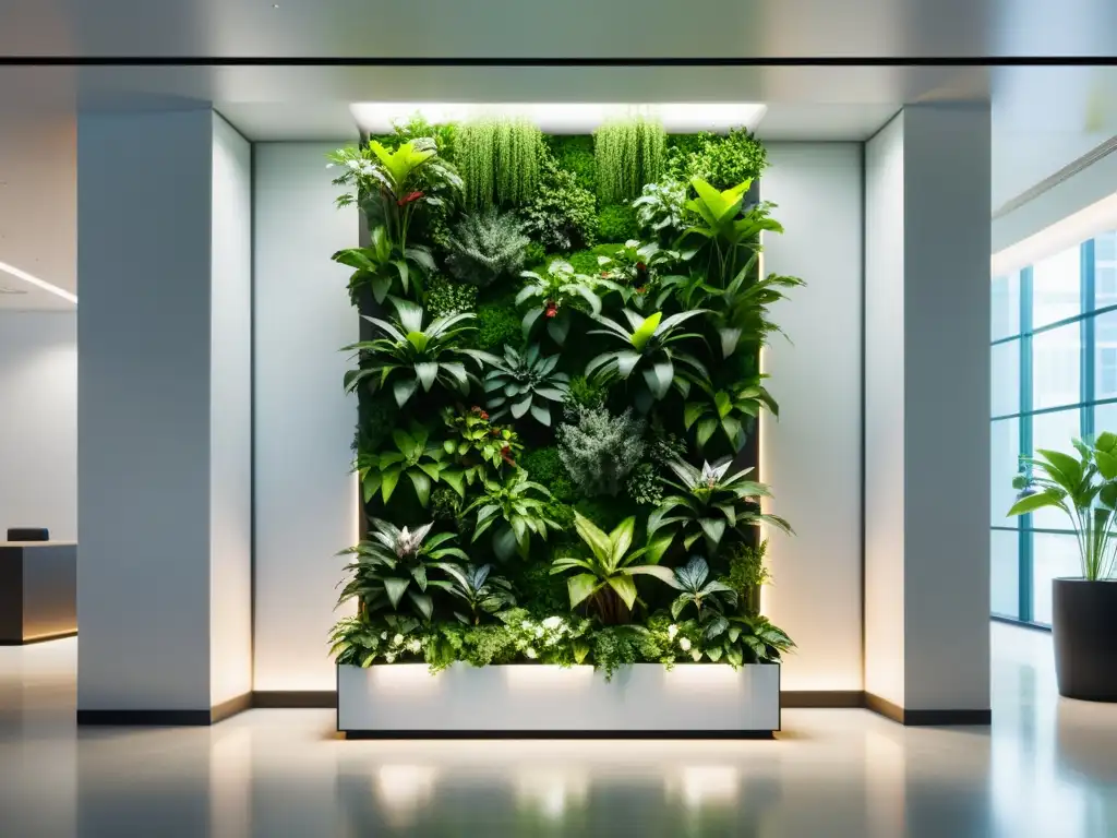 Espectacular lobby de oficina con jardín vertical, ilustrando transformaciones con jardines verticales en espacios contemporáneos