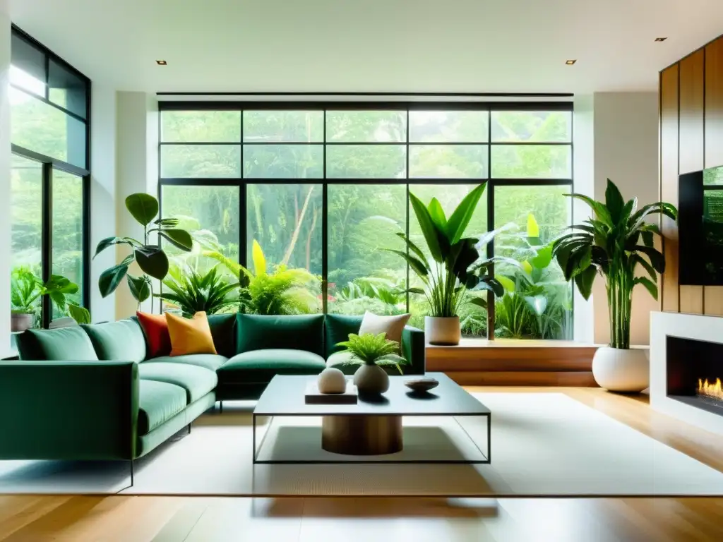 Espectacular sala moderna con plantas de interior, creando un ambiente sostenible y acogedor