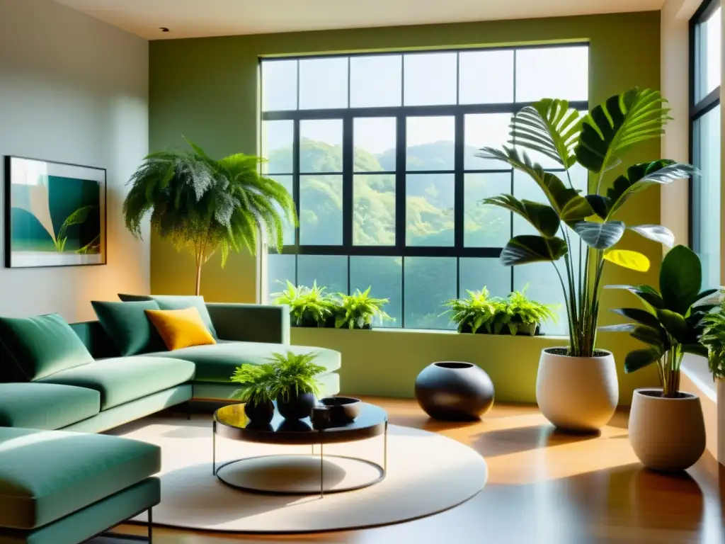 Espectacular sala moderna con plantas de interior para decorar, elegante y tranquila