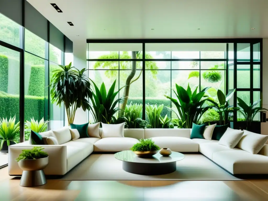 Espectacular sala moderna con plantas de interior para purificar aire en elegantes macetas, iluminada por luz natural