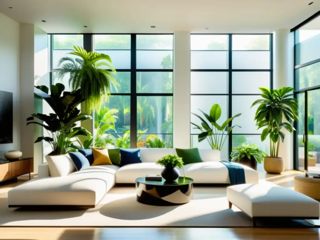 Espectacular sala de estar moderna con plantas interiores verdes, creando un ambiente sereno y acogedor con beneficios acústicos