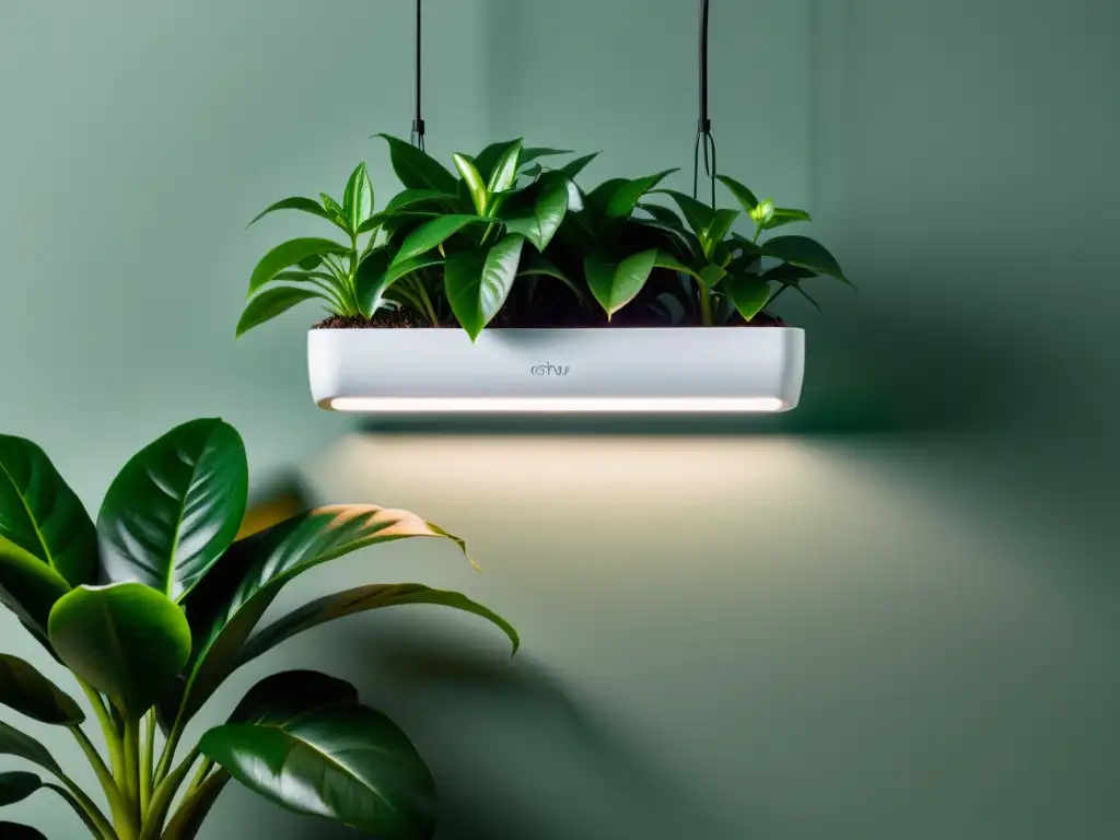 Espectro de luz artificial para plantas: Una elegante luz LED blanca ilumina una exuberante planta de interior, creando una armonía visual