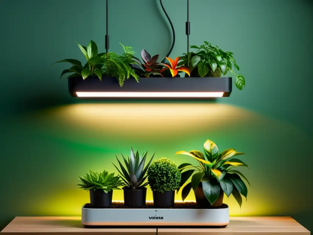 Espectro de luz artificial para plantas iluminando exuberante vegetación en interiores con modernidad y armonía