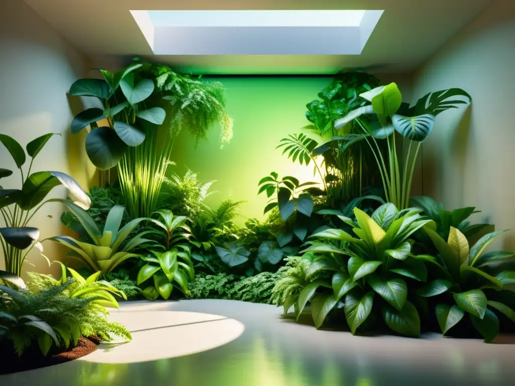 Espectro de luz ideal para el desarrollo de plantas de interior, creando un ambiente sereno y armonioso en un exuberante jardín interior