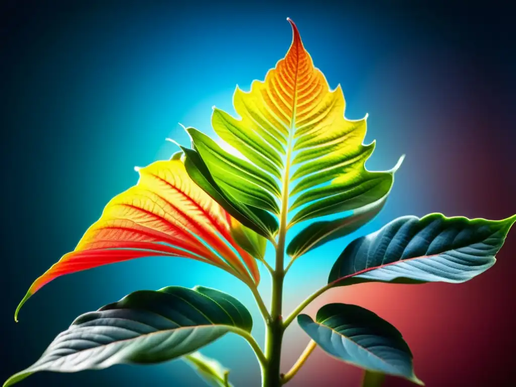 Espectro de luz ideal para plantas de interior: imagen impactante de planta verde saludable bañada en luz roja y azul, resaltando su desarrollo